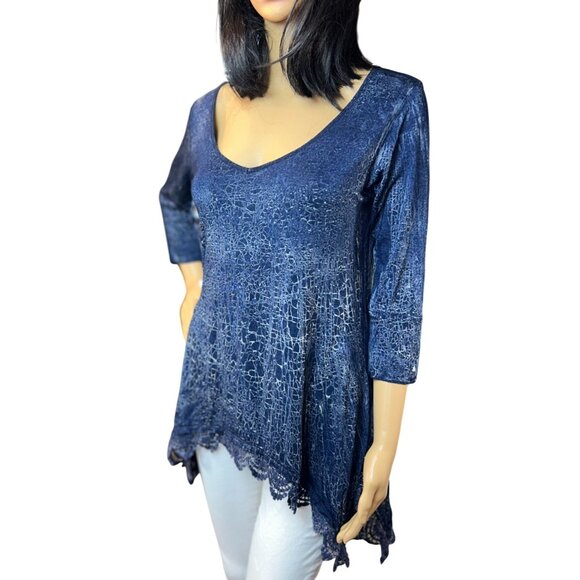 (5 for $25)Ethereal Los Angeles Lace Inset 3/4 Blouse in Blue Size Small - Picture 2 of 9